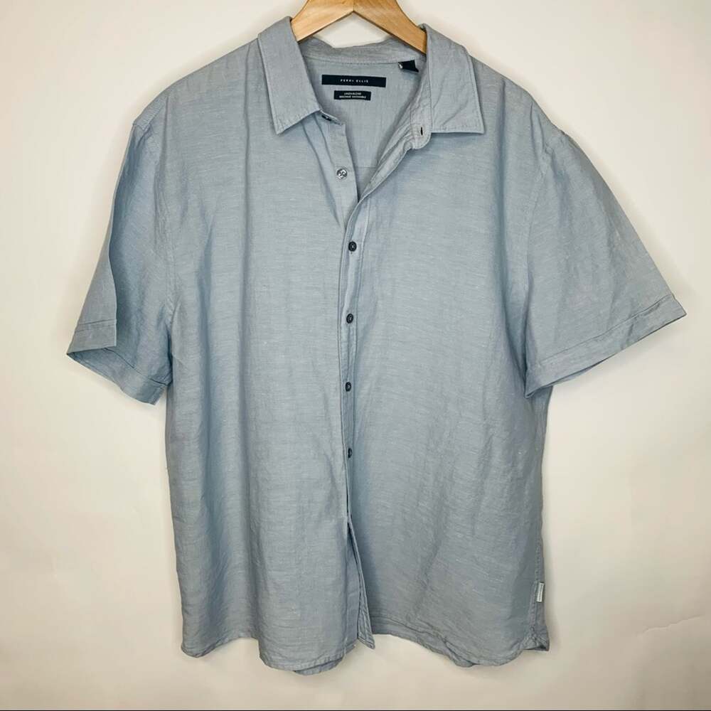 Perry Ellis Blue Linen Shirt Short Sleeve Sz XXL